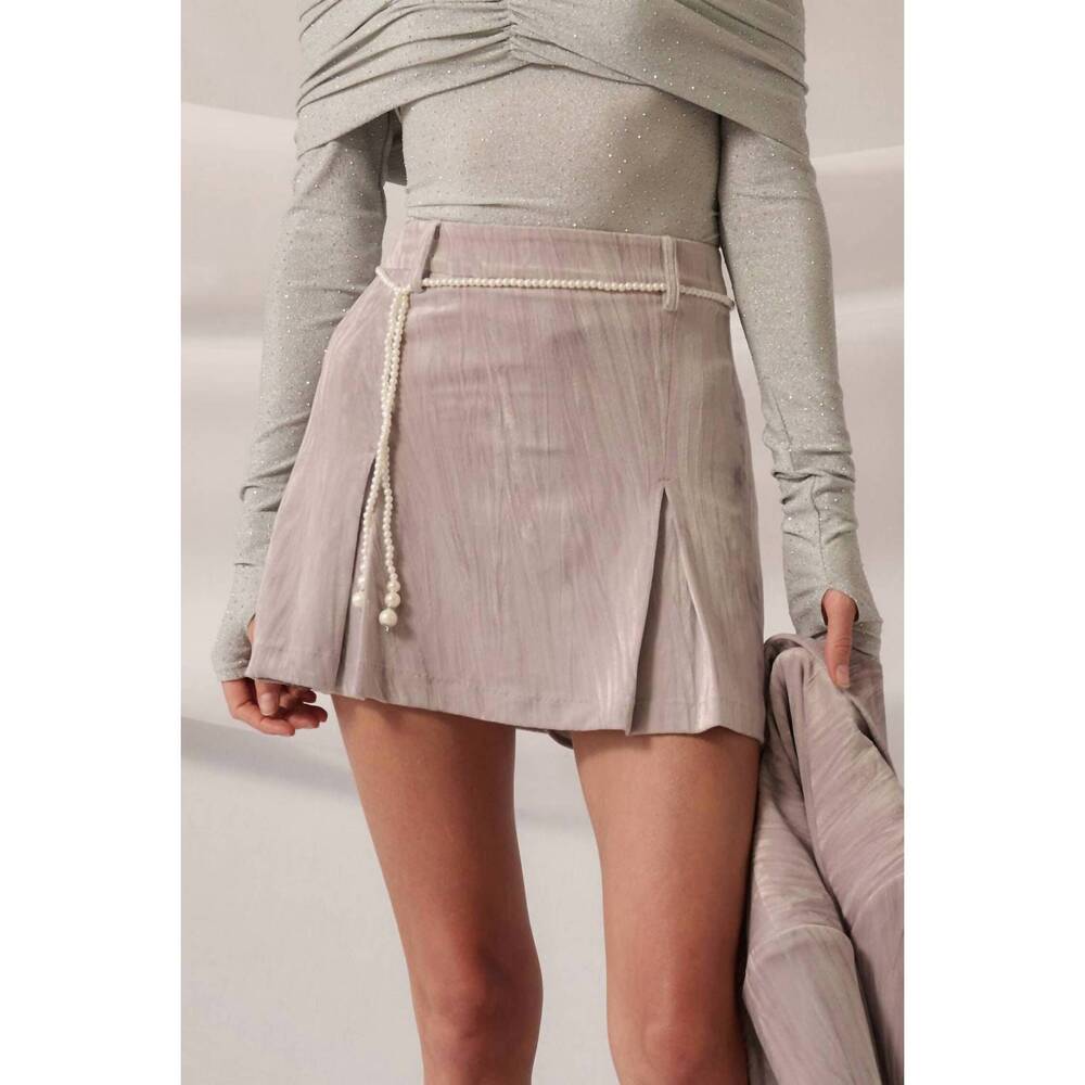 NEW PROMESA metallic velvet pleated a-line mini skirt in silver grey